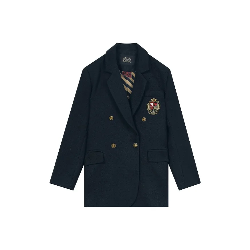 ELF SACK Vintage Embroidery Badge Preppy Style Double Breasted Business Suit Coat Women's