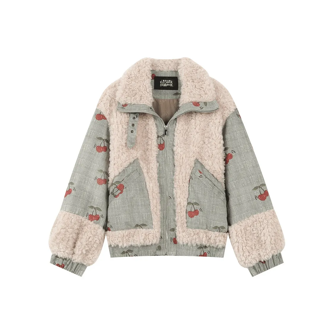 ELF SACK Velvet feel Coat Women's Welsh Plaid Khaki