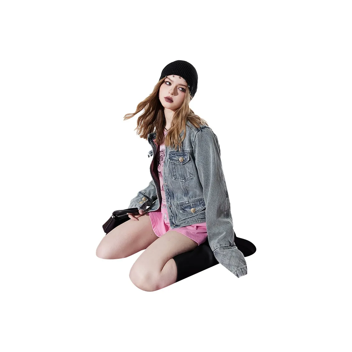 ELF SACK Denim graphic Jackets Women's Refined Blue Pink