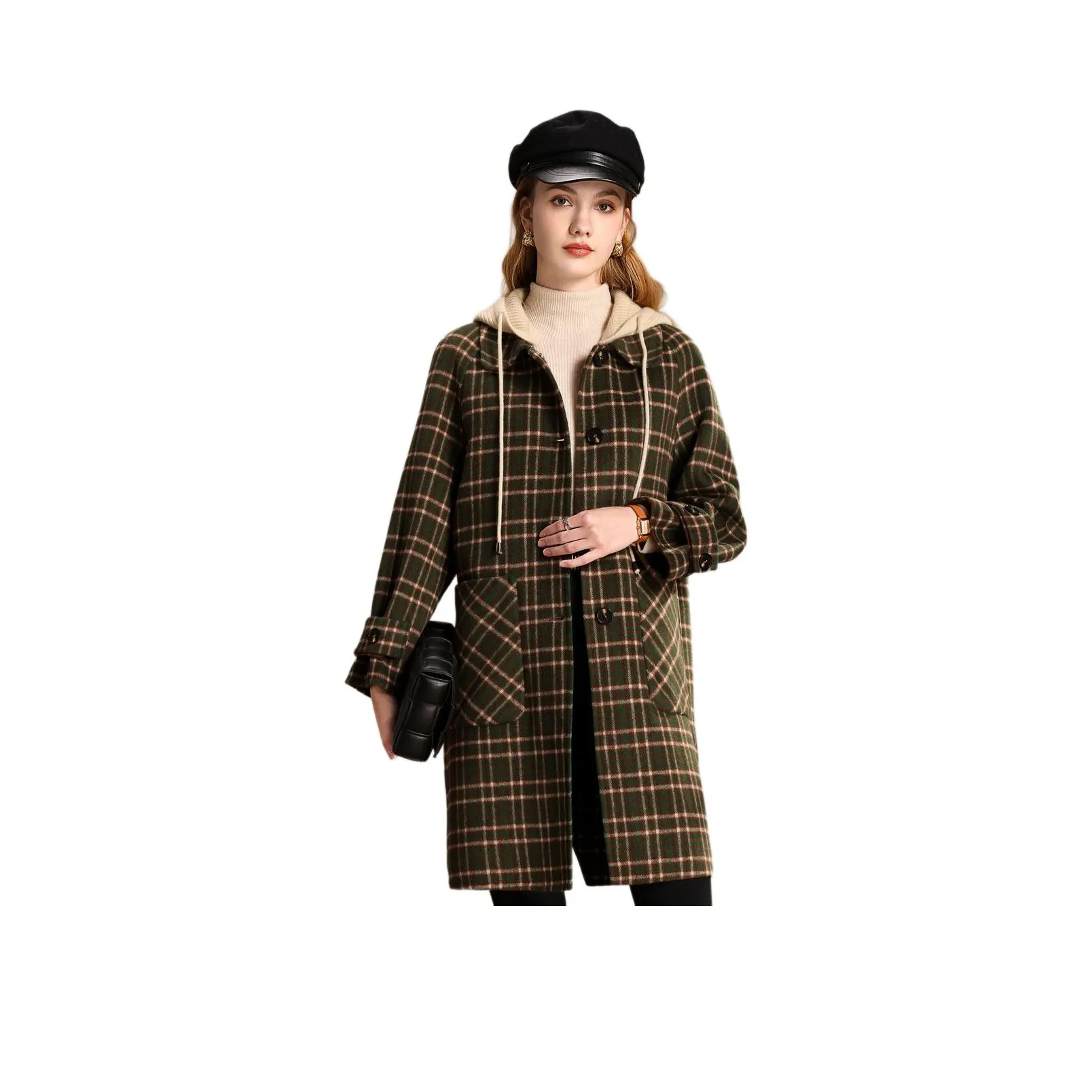 FENHONGMALI Куртка Женская Коричневая Зеленая Клетка