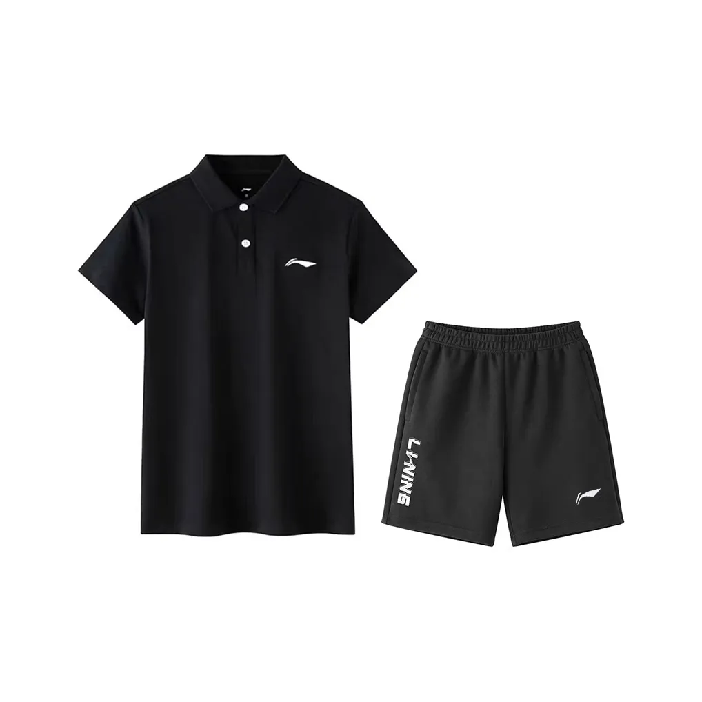 LiNing Серия Table Tennis Повседневная спортивная одежда Мужская Черная Короткий рукав Рубашка + Черные шорты
