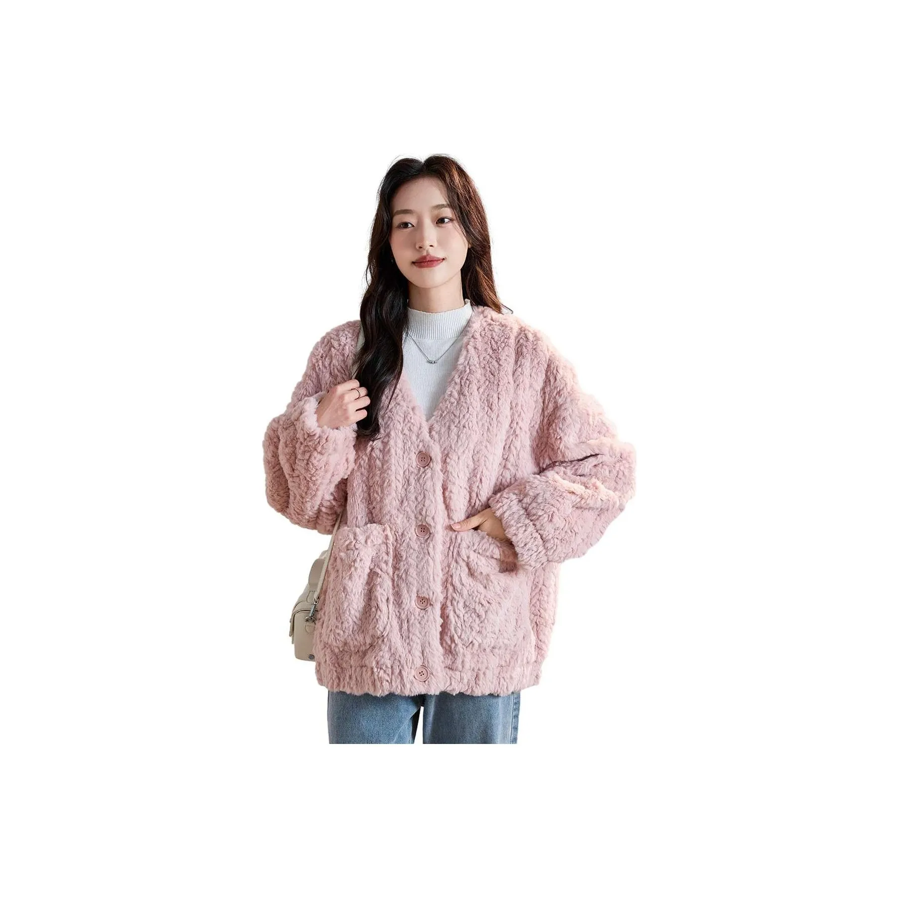 Tonlion Velvet feel Coat Women's Leather Pink