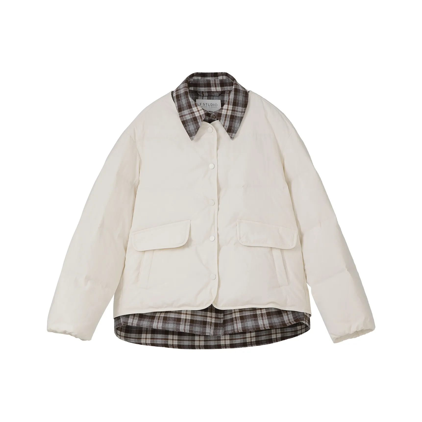 Fstudio Korean Solid Color Plaid Patchwork Design Mock Two Piece Down Jacket Women's Beige