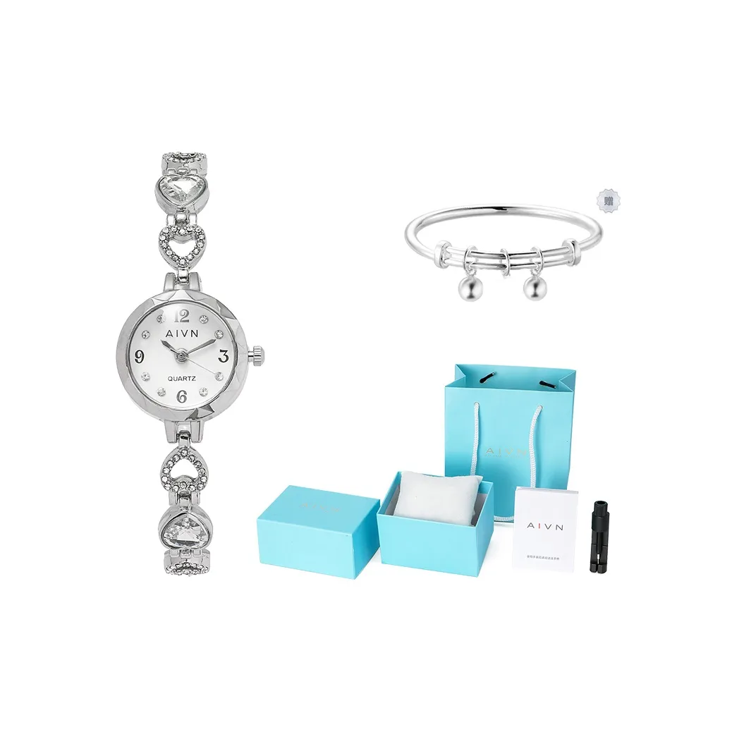 AIVN Rhinestone Embellished Heart Bracelet and Watch Set Quartz Movement Alloy Strap Women's Watch White Dial AIVN Rhinestone Embellished Heart Браслет и Набор Часов Кварцевый Механизм Сплав Ремешок Женские Часы Белый Циферблат