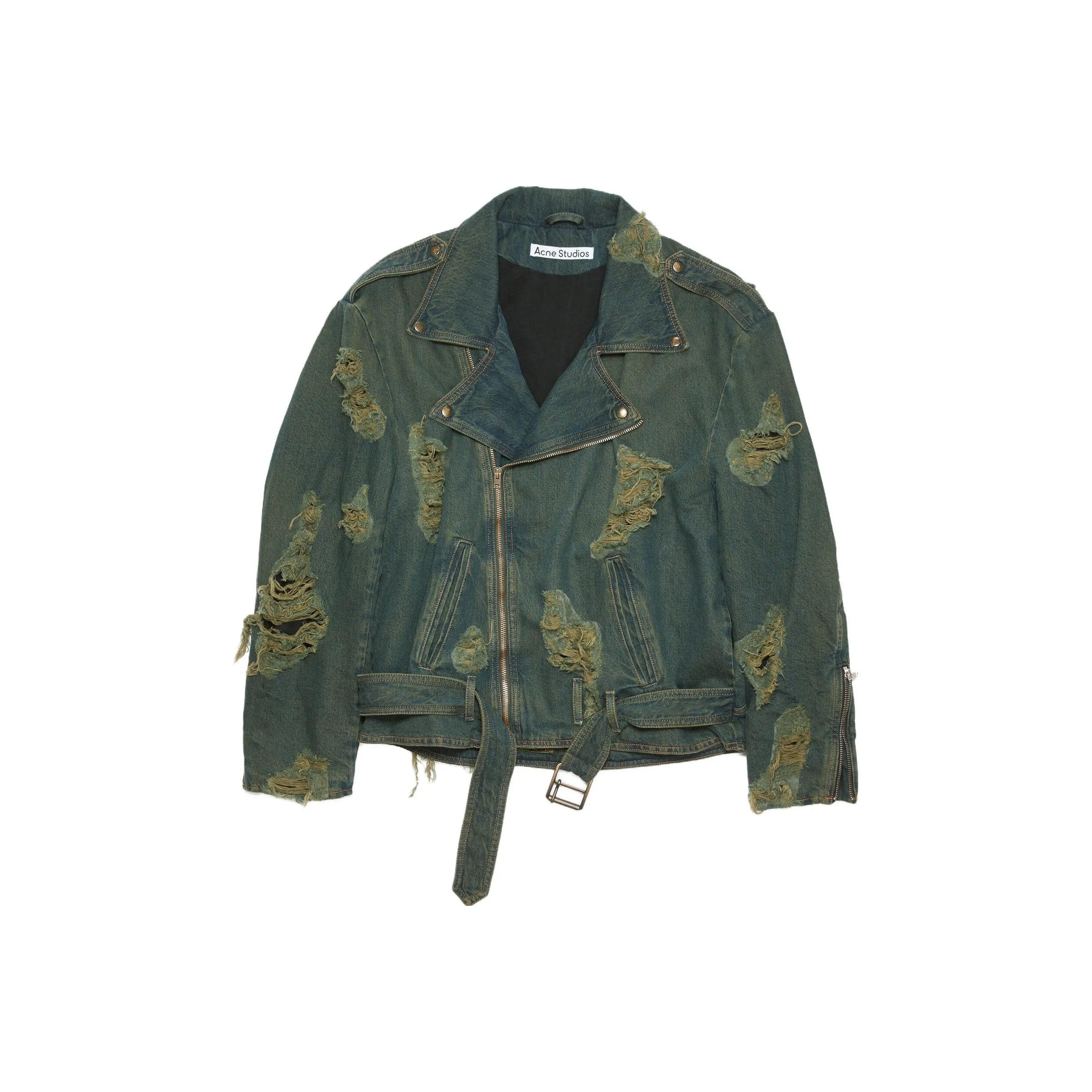 Acne Studios Distressed Denim Biker Jacket Blue/Green