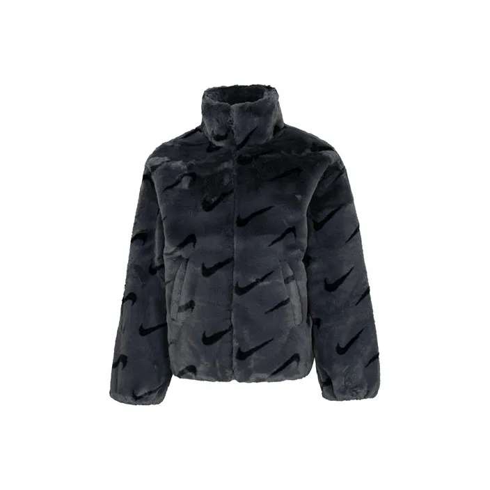 Nike Women's Printed Faux Fur Jacket Asia Sizing Dark Smoke Grey