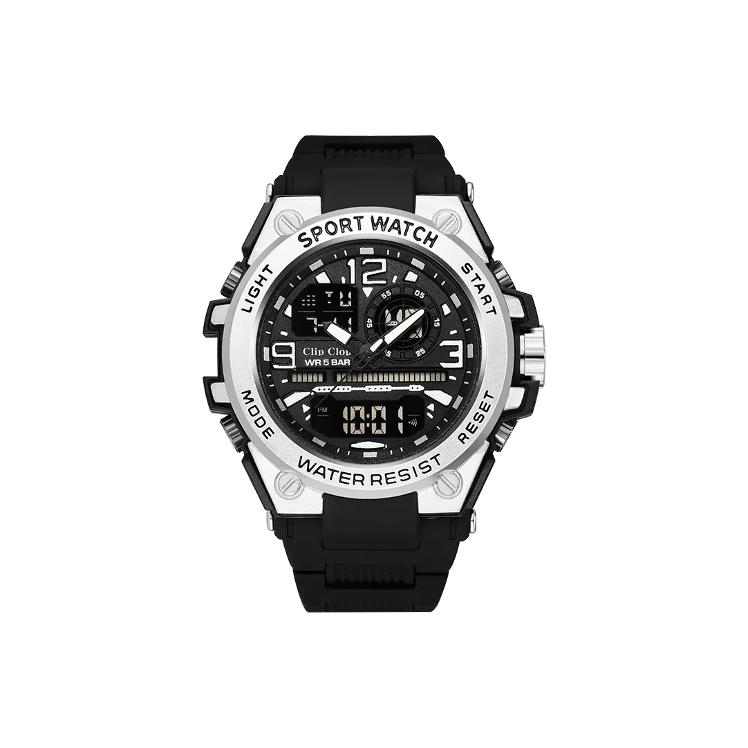 Clip Clop Электронный механизм Резиновый ремешок Часы Мужские часы Черный циферблат