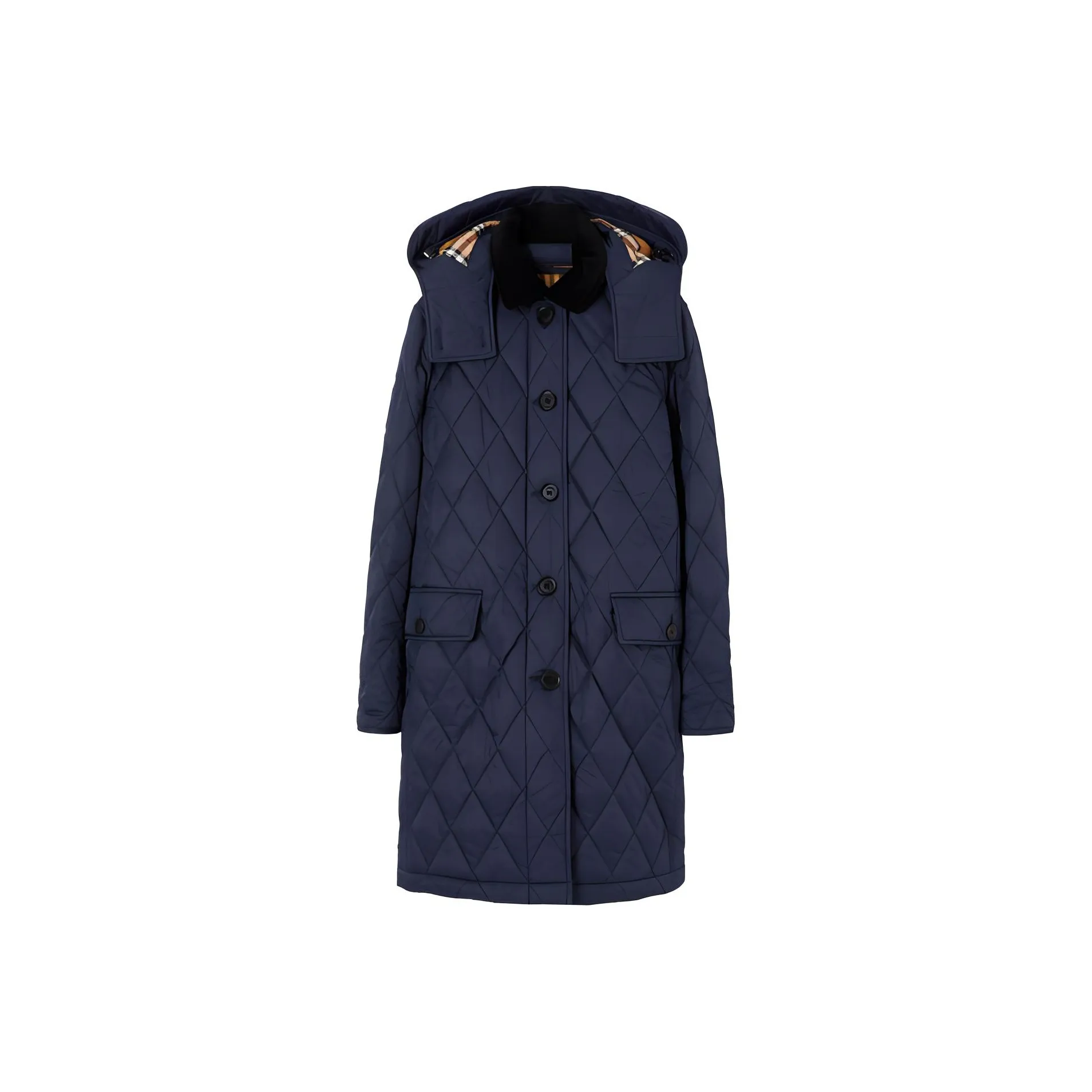 Burberry Detachable Hood Diamond Quilted Coat Navy