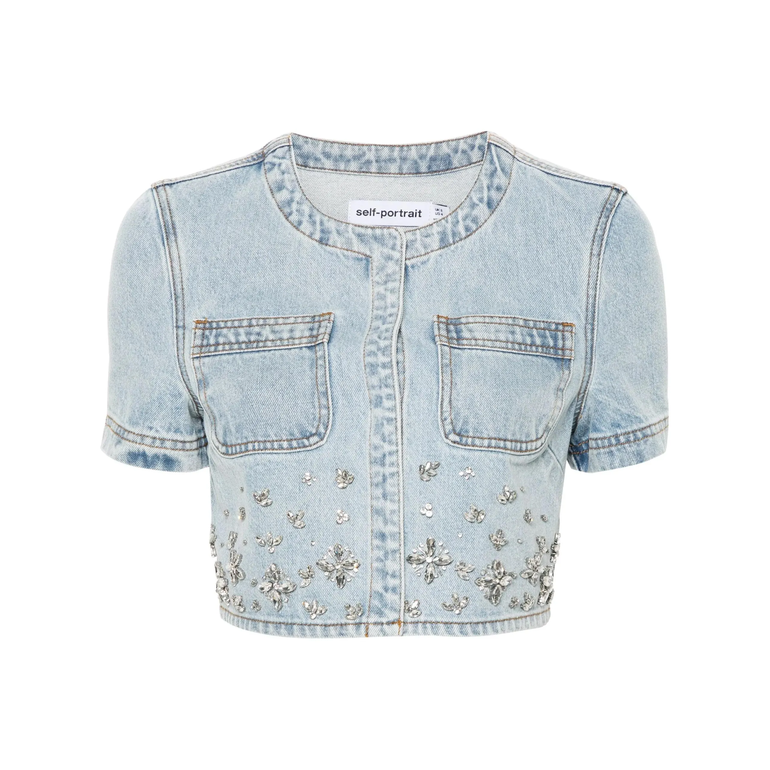 Self-portrait Rhinestone-embellished Denim Cropped Top