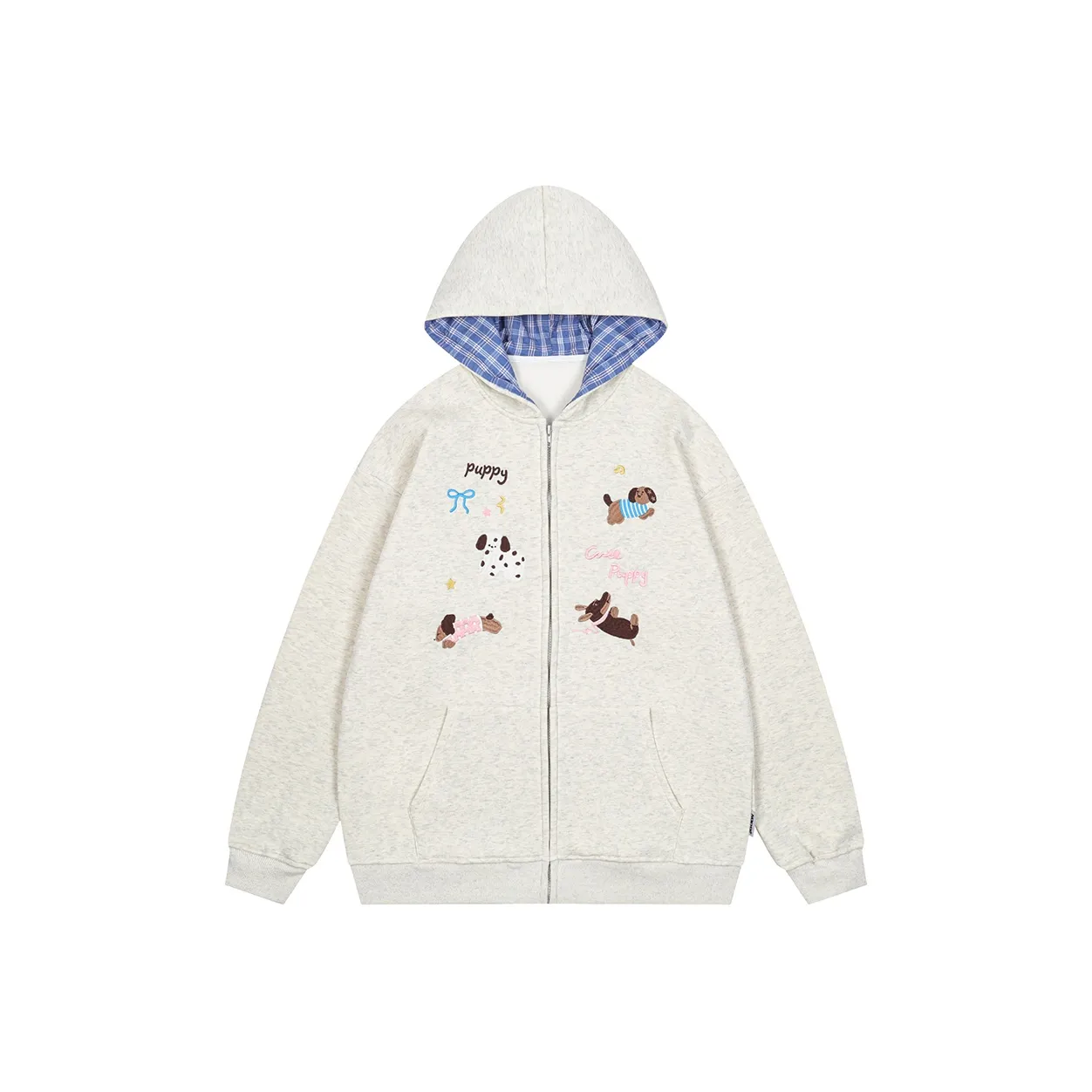 PAZZO Puppy Embroidery Plaid Hoodie Unisex