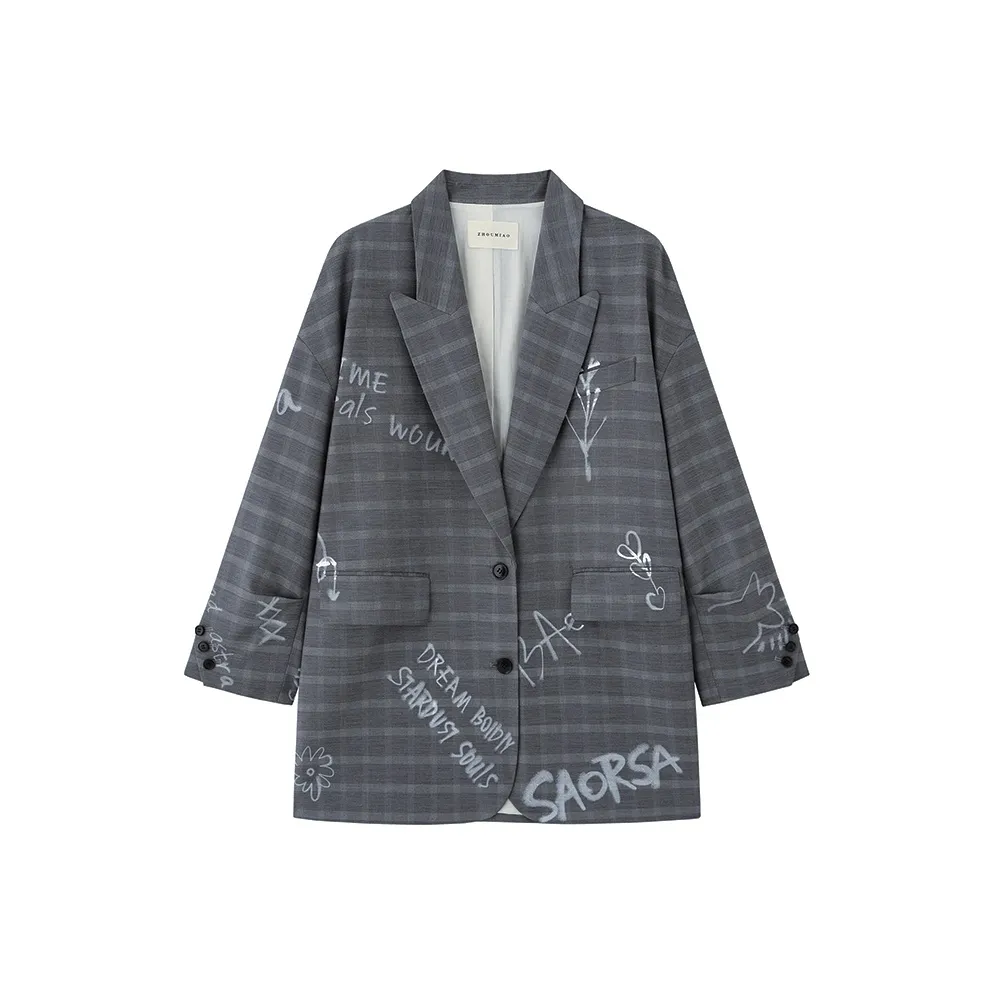 ZHOUMIAO Бизнес-костюм женский серый граффити клетка