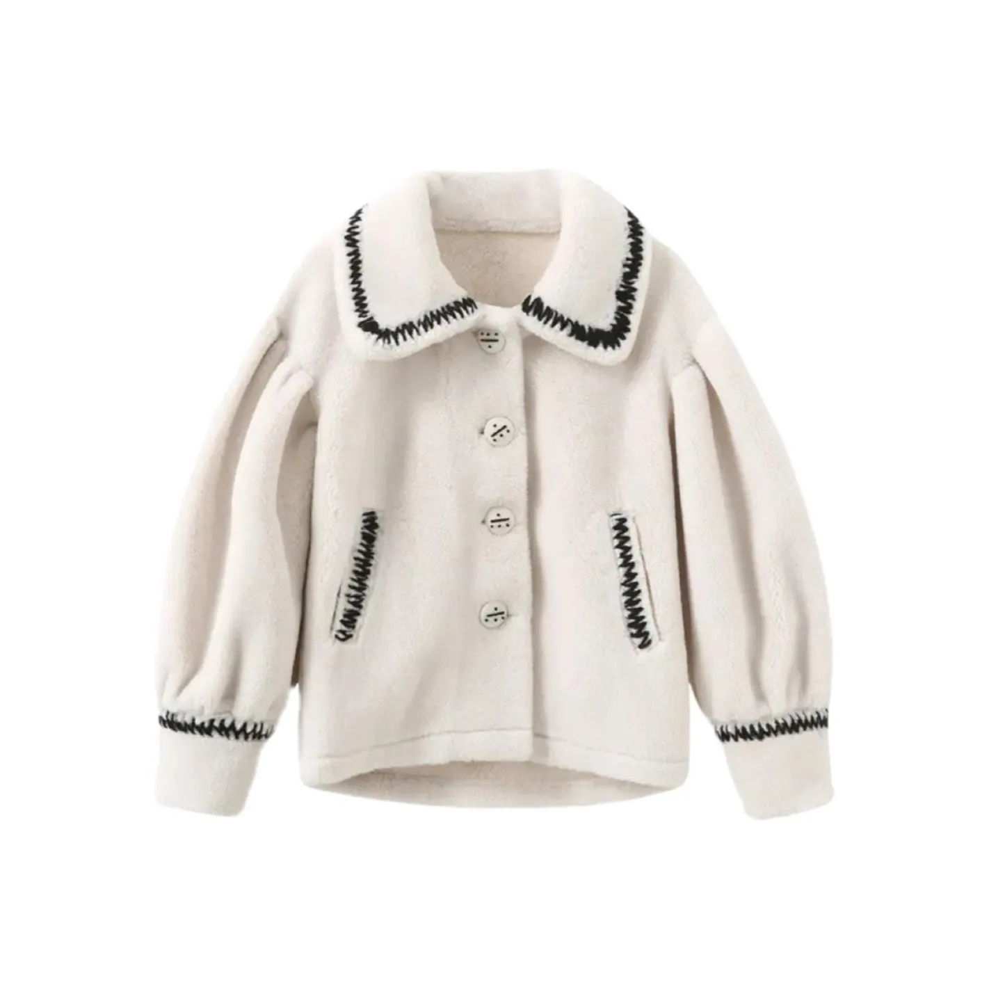 310MOOD 'Puff SleeveTeddy Bear Coat   White With Black Stitches' Velvet feel Coat Women's Ecru