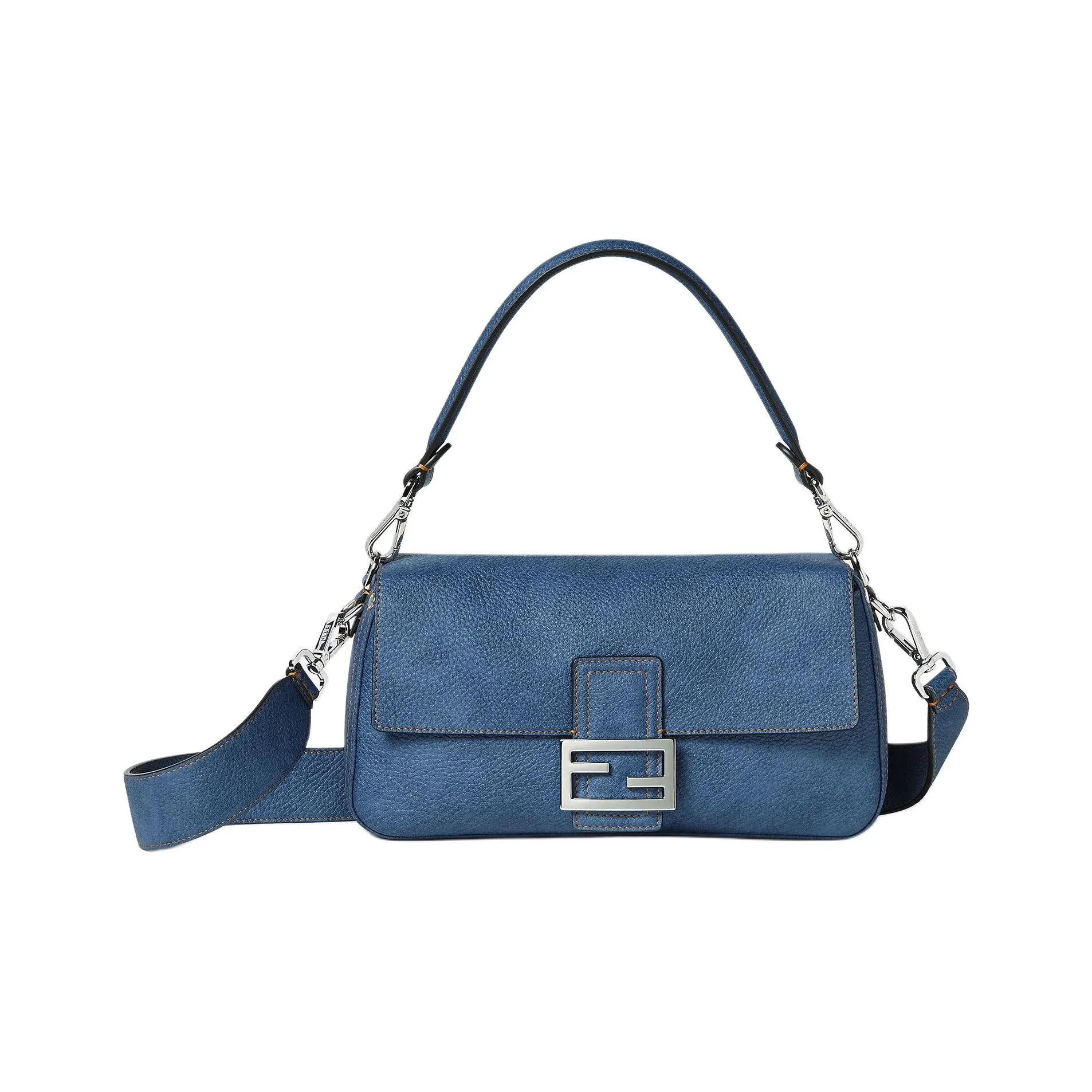 FENDI Baguette Cow Leather Portable Crossbody Bag, Shoulder Bag Medium Size Women
s Blue