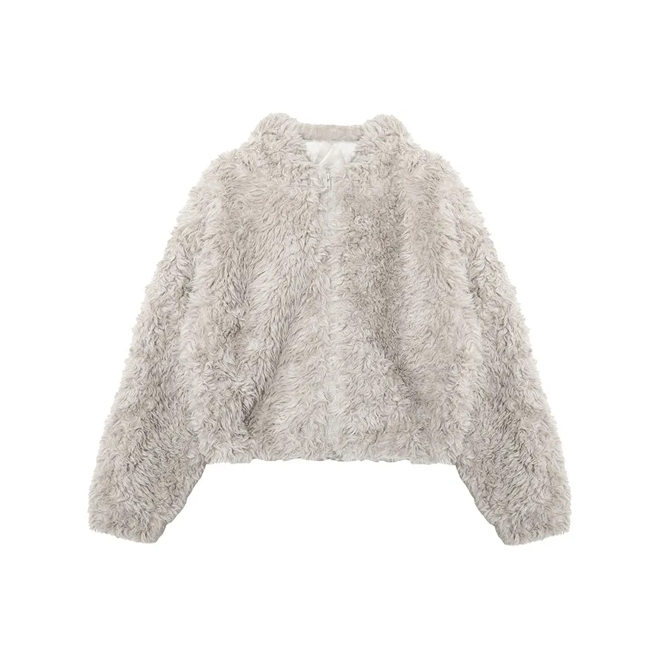 PAZZO Cute Bunny Ears Faux Fur Cropped Plush Coat Women's Milk Tea Gray