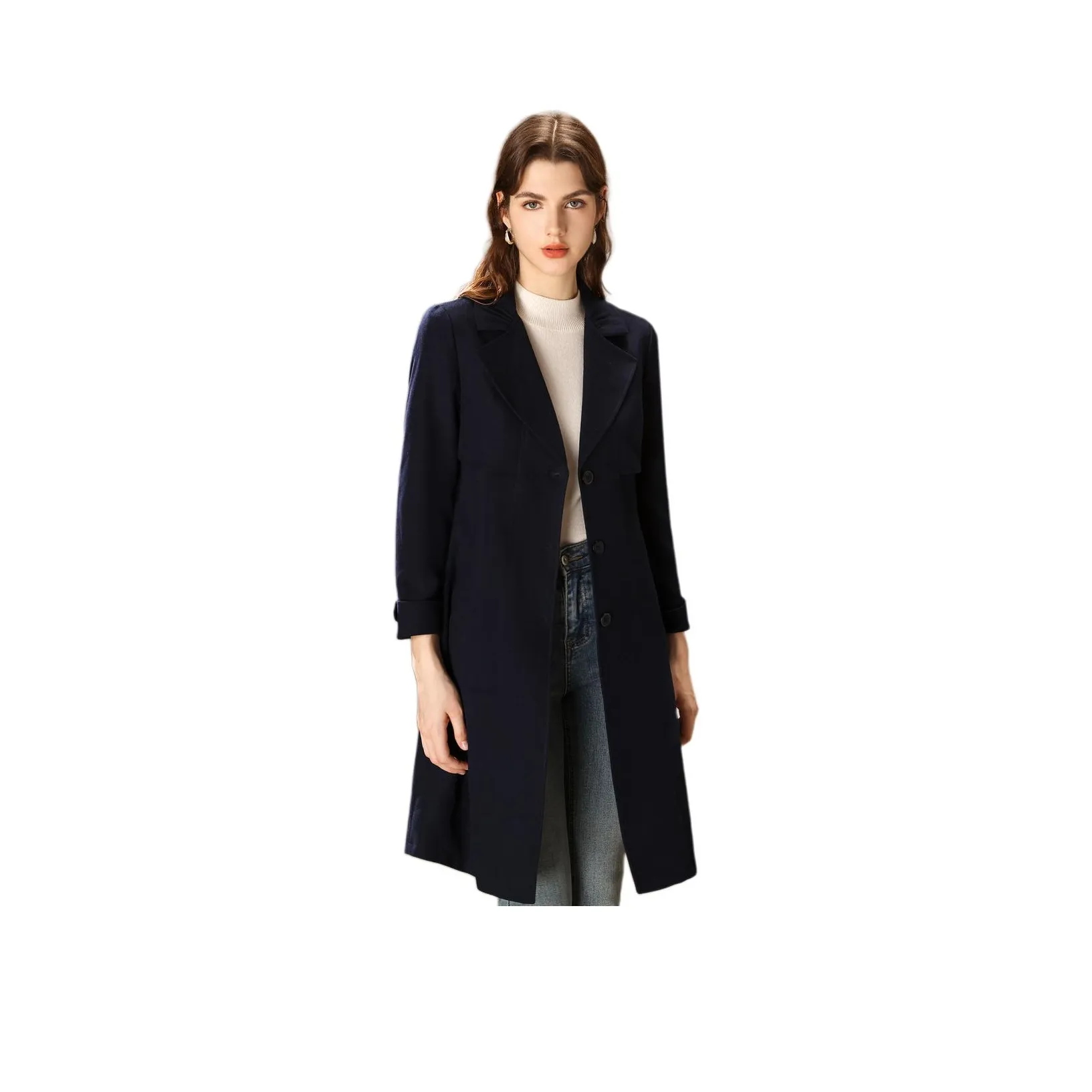 FENHONGMALI Trench Coat Women's Navy Blue