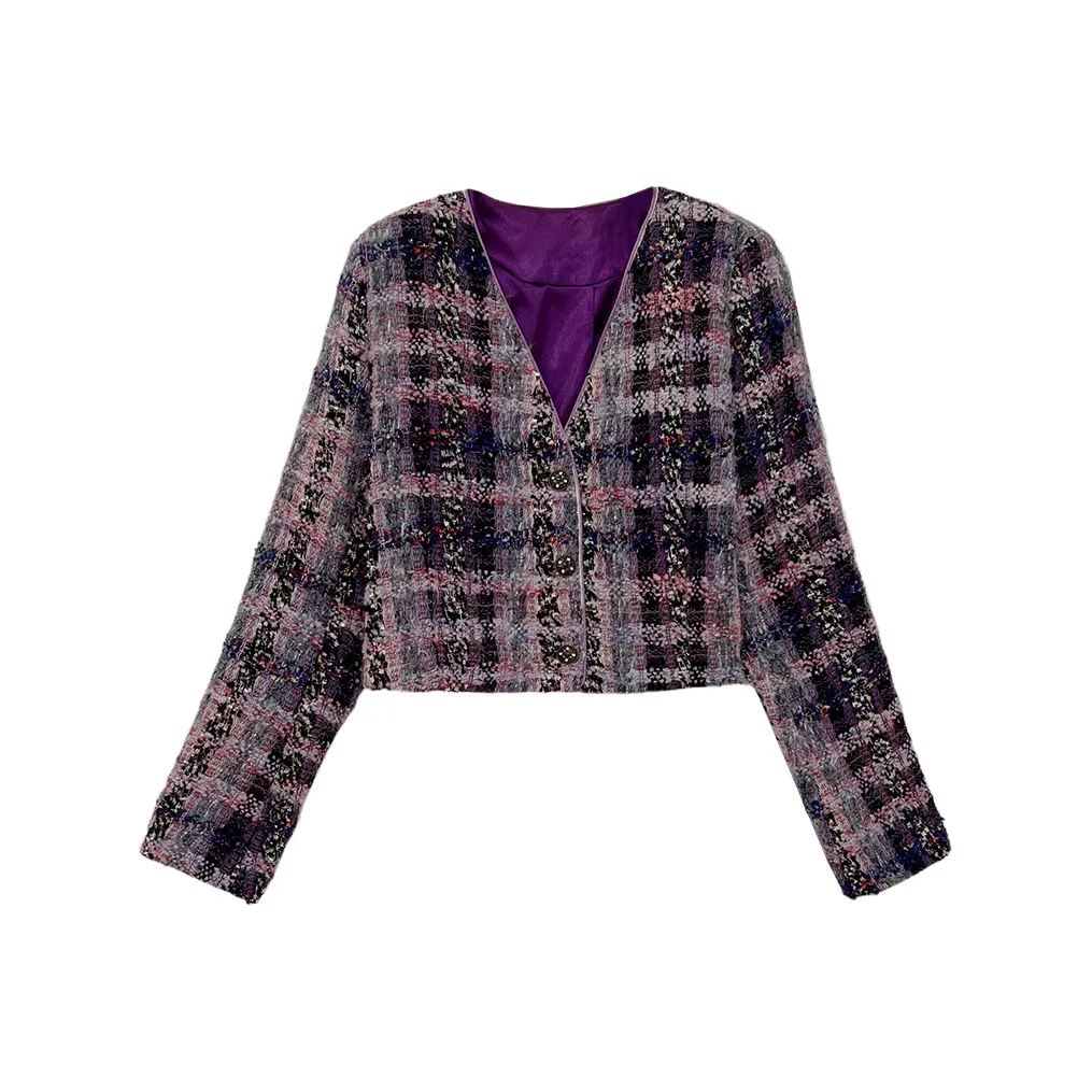 Icicofficial Cropped Jacket Женская Фиолетовая Клетчатая Куртка