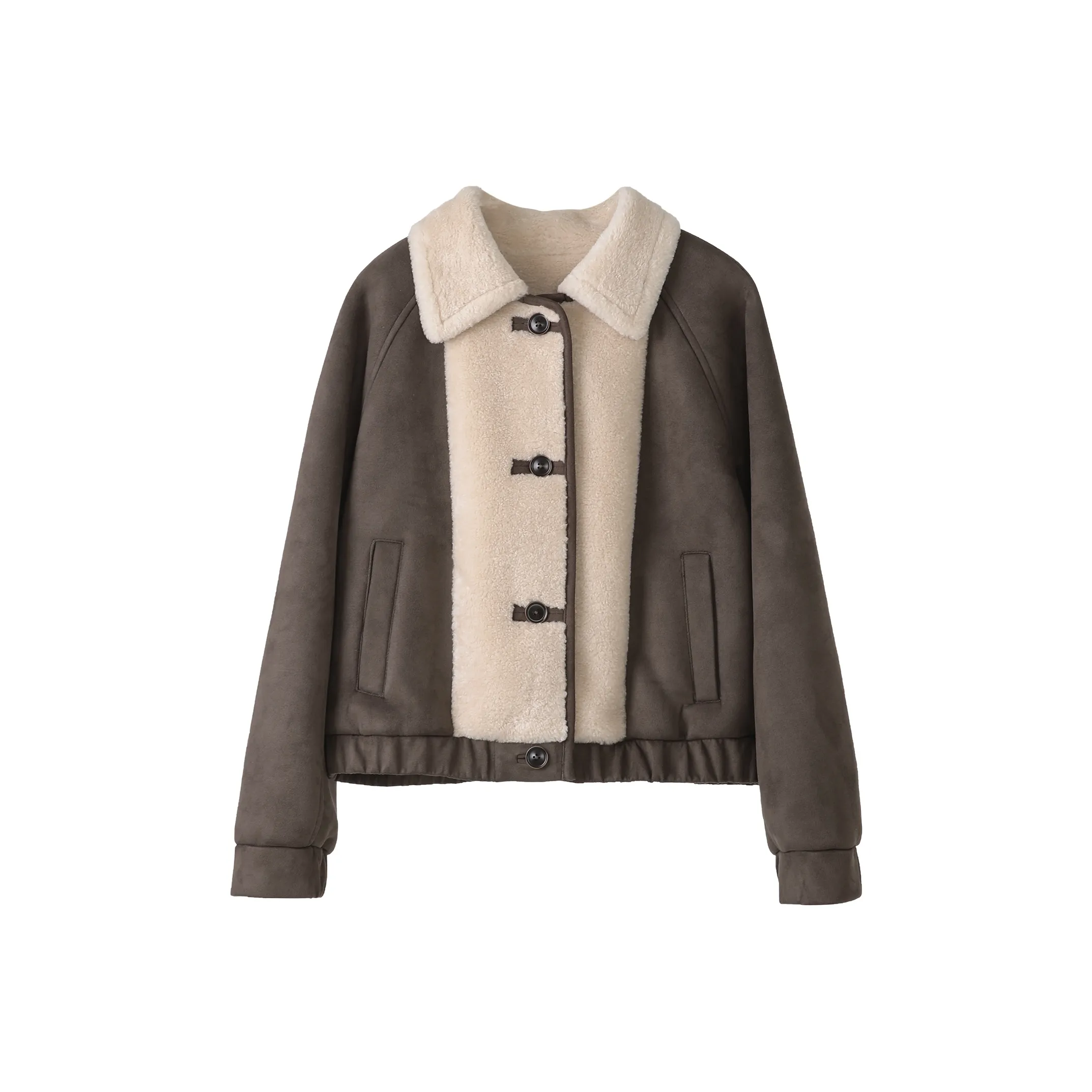 Fstudio Fall And Winter Suede Patchwork Lambswool Cropped Coat Women's Coffee