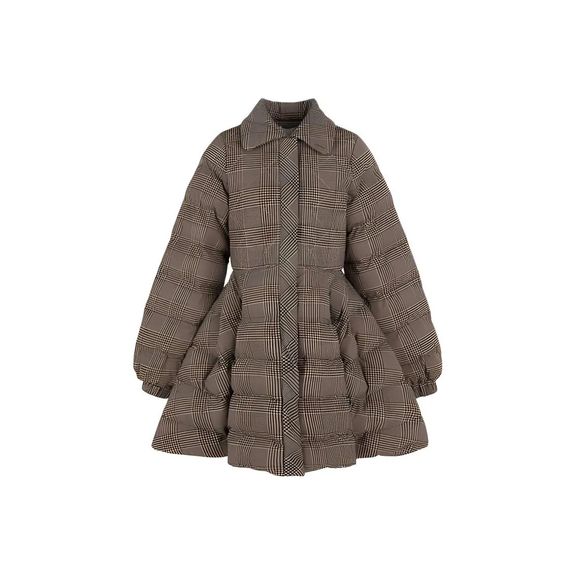 Selkie Collection FW24 Puffer Jacket Women's Brown Base With Houndstooth Plaid Print
