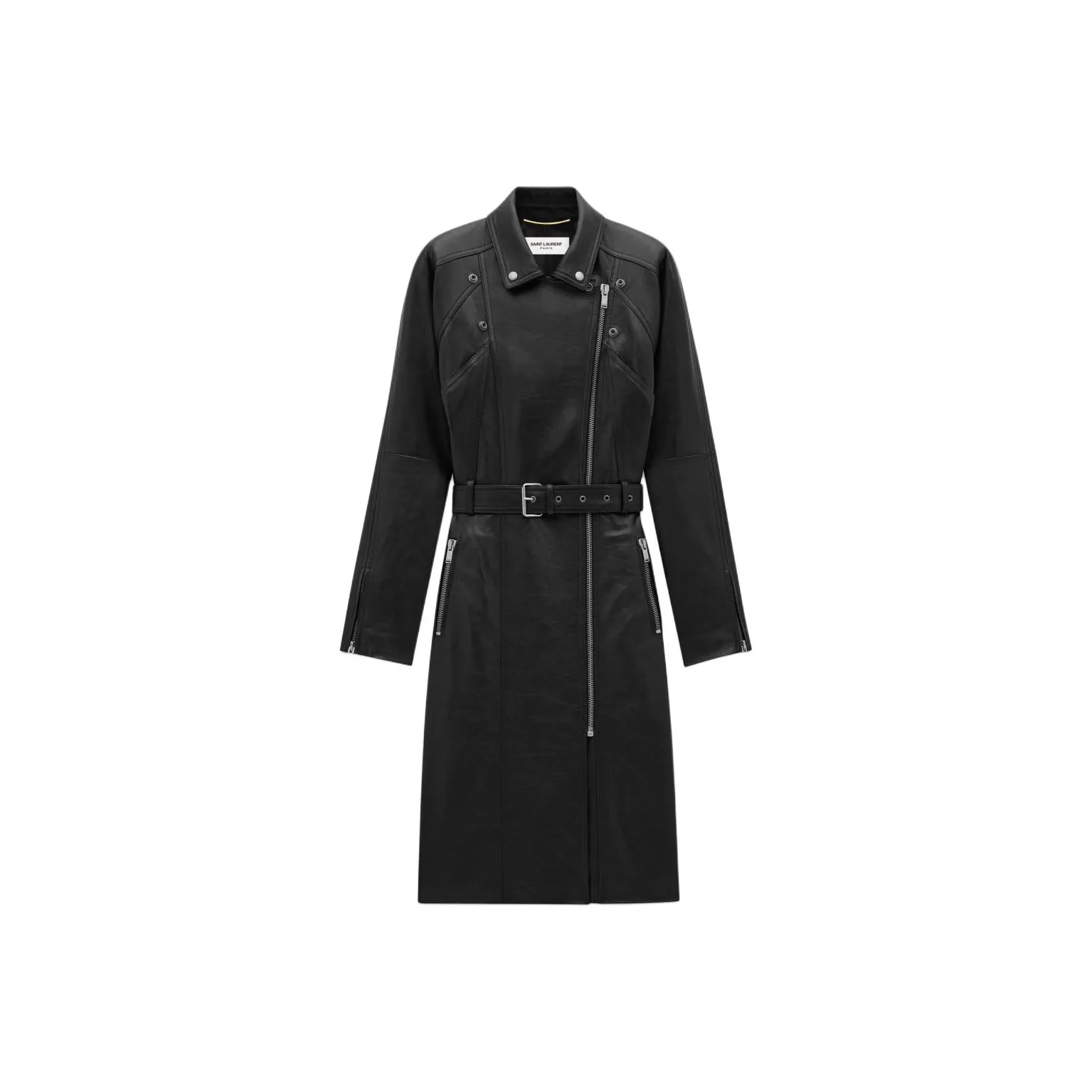 SAINT LAURENT Belted Zip Detailed Biker Coat