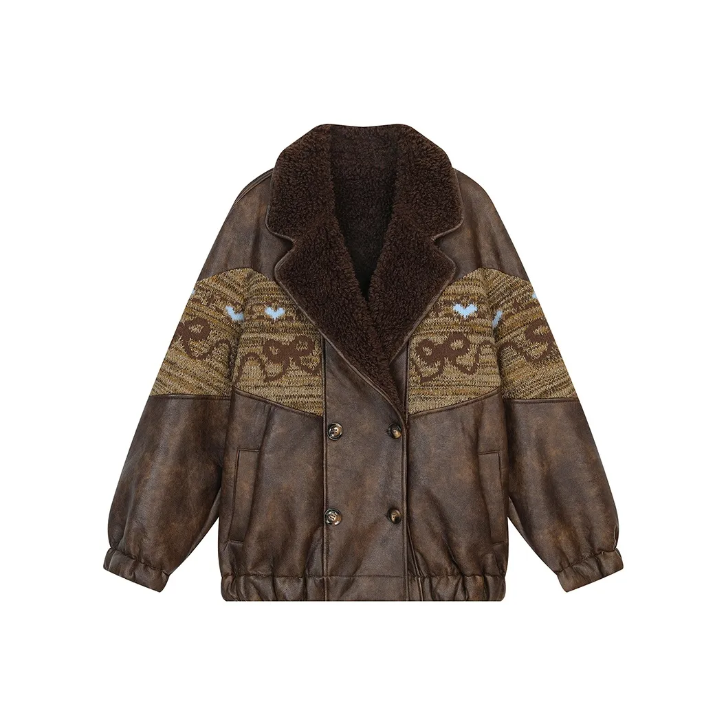 ELF SACK Leather Jacket Women's Vintage Cold Coffee