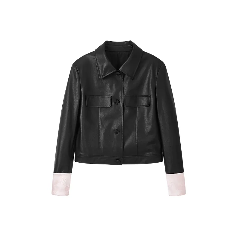 Yu Qianwen Кожа Куртка Женская Черная