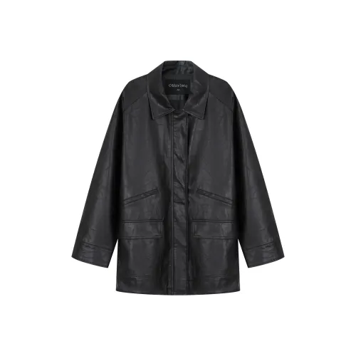YIWANGJIEKONG Винтажный Mottled Черный Женская Кожаная Куртка