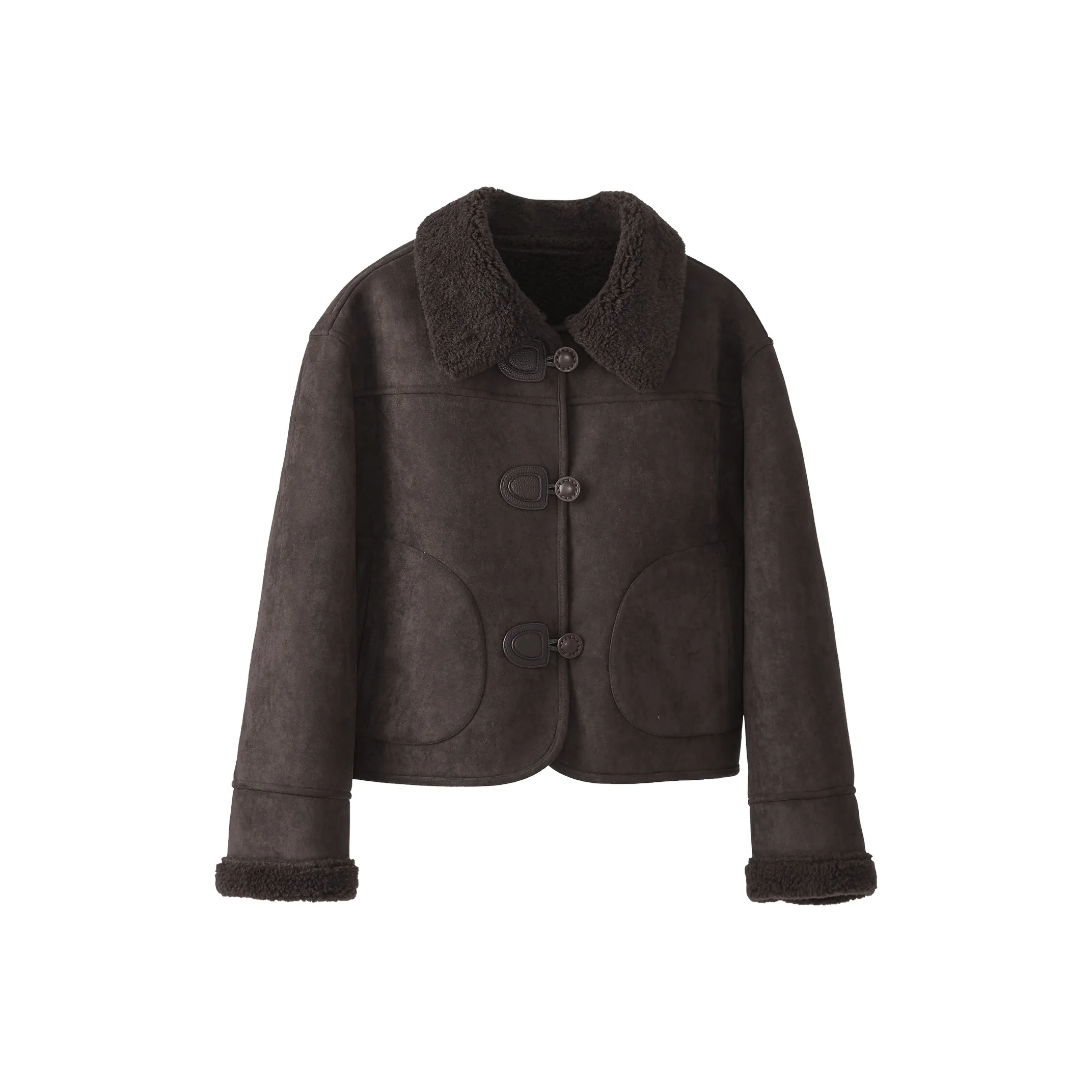 Fstudio Korean Petite Vintage Solid Color Leather Short Plush Coat Women's Coffee