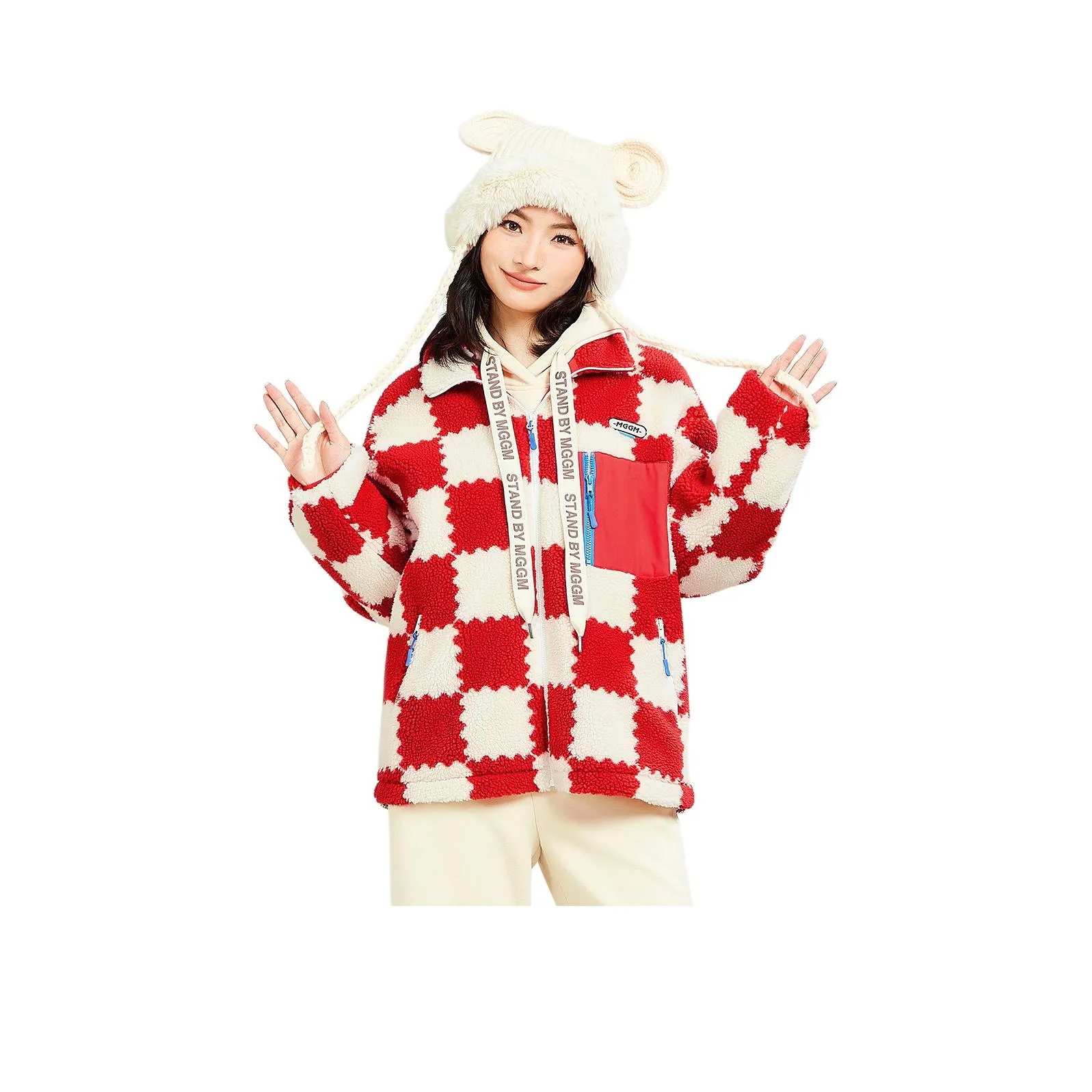 MUGUOGUOMU Velvet feel Coat Women's Red And White Plaid
