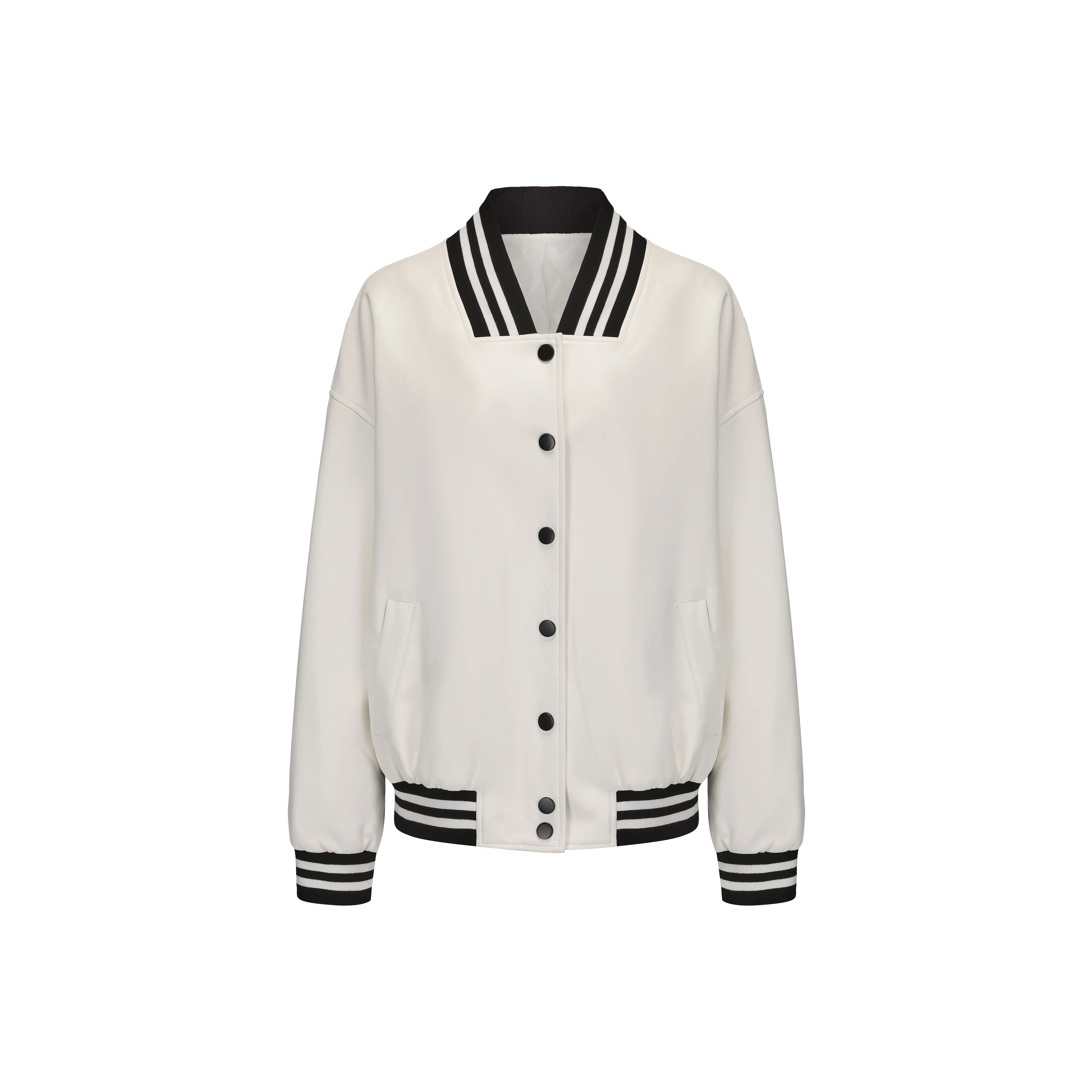 CHIWAWAMEME Кожа Куртка Женская Молочно-белый и Черный