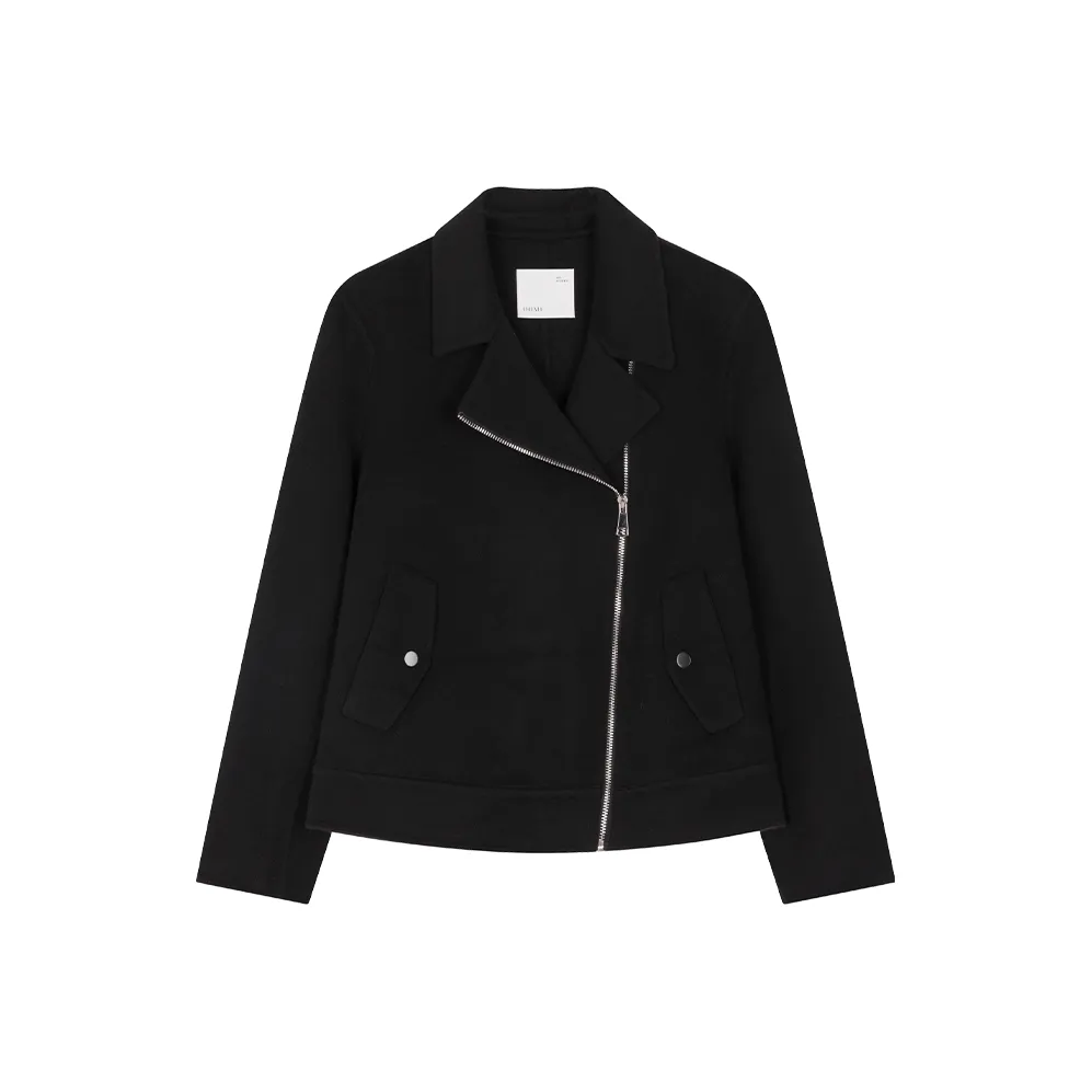 IHIMI Lapel Biker Style Cropped Handcrafted Double Sided Wool Coat Women's Black