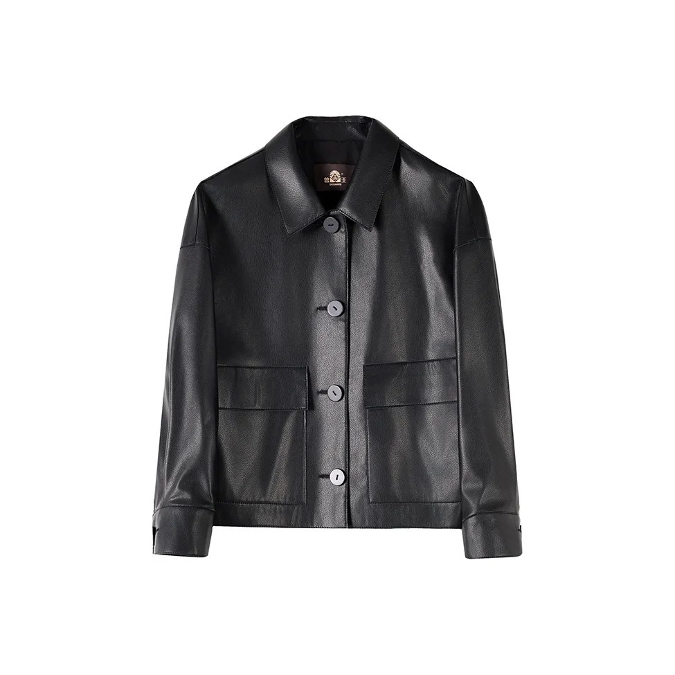 Beast King Отложной воротник BUTTONS Один Кожа Куртка Женские