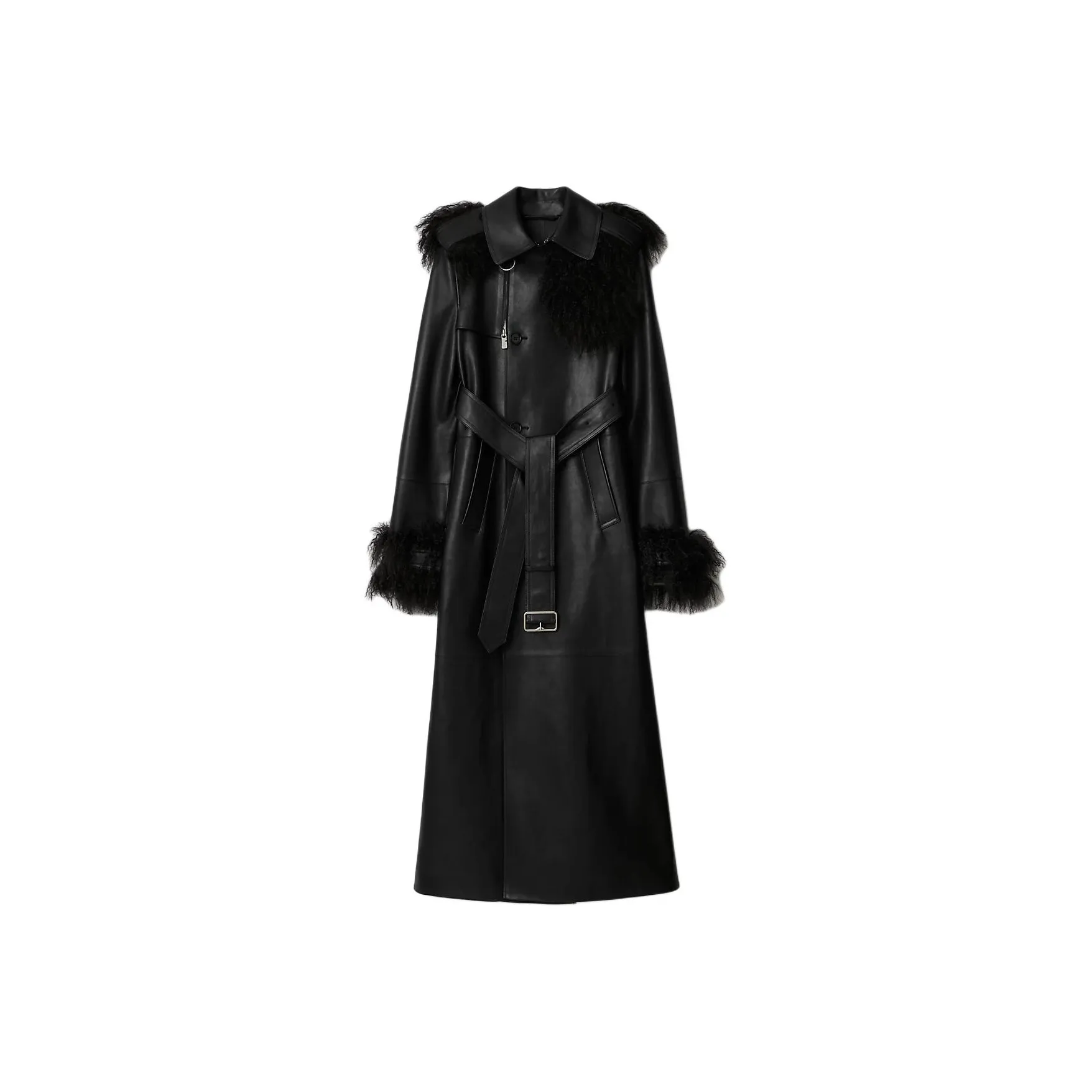 Burberry Long Leather Trench Coat Leather Jacket Women's Black