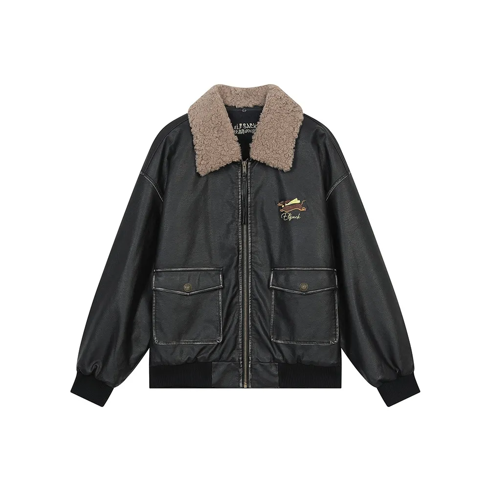 ELF SACK Leather Jackets Women's Vintage Washed Black