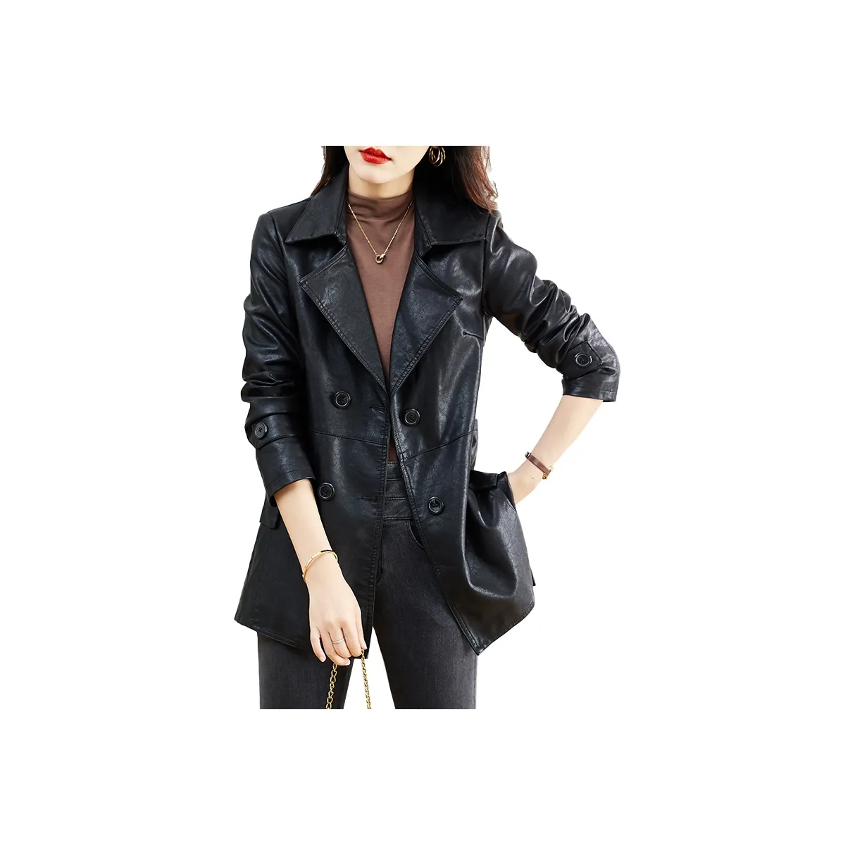 H YXIANG Кожа Куртка Женская Черная