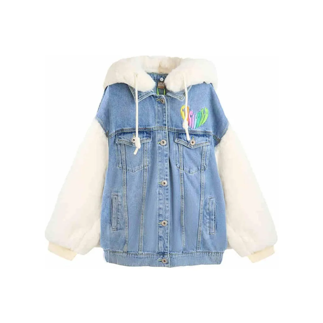 LALABOBO Бархат Feel Пальто Женское Средне-синий Белый