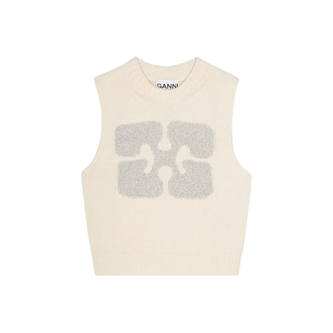 GANNI Glittery Logo Crewneck Sleeveless Knitted Vest