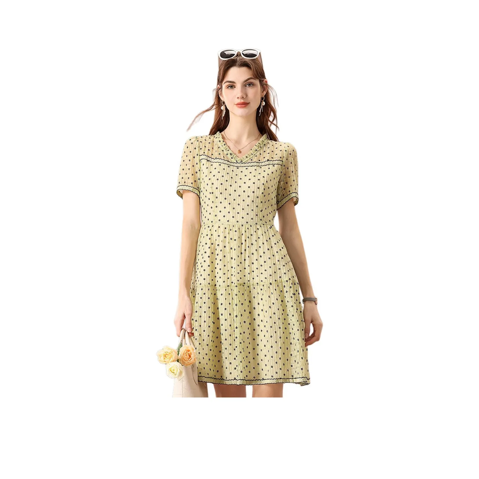 FENHONGMALI Короткий рукав Платье Женское Зеленое