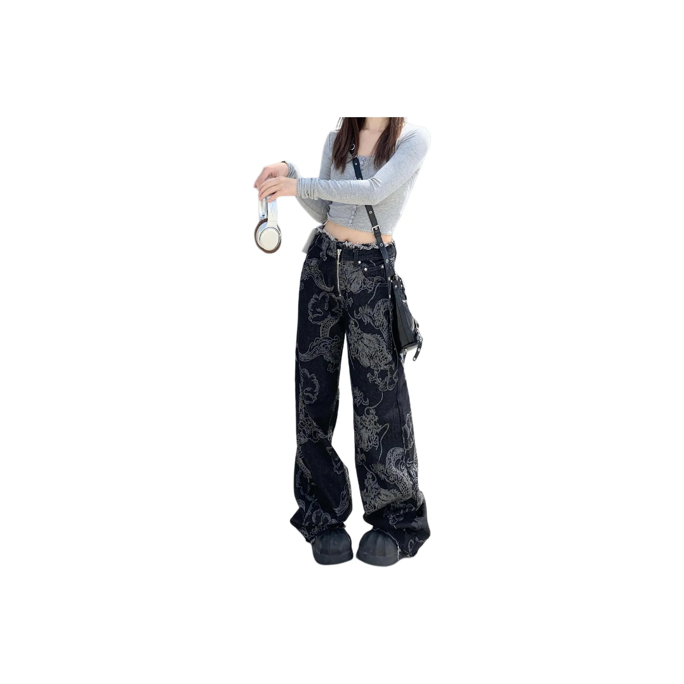 Lizisw Jeans Women's Dragon Pattern Print
