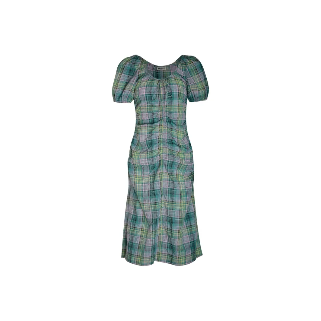 Little Pull Короткий рукав Платье Женское Зеленая клетка