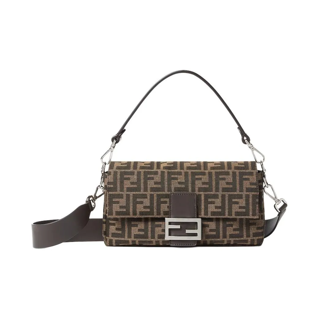 FENDI Baguette Jacquard Fabric Shoulder Bag, Crossbody Bag, Handbag Medium Size Women
s Brown