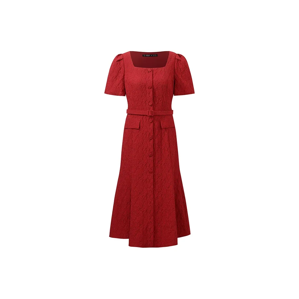 GOELIA Короткий рукав Платье Женское Перечно-красное