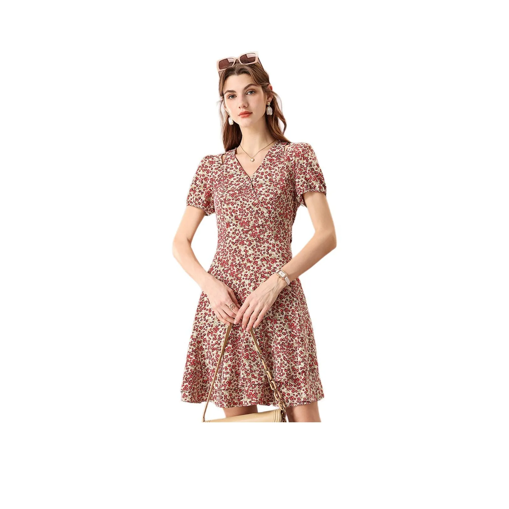 FENHONGMALI Короткий рукав Платье Женское Красные цветы