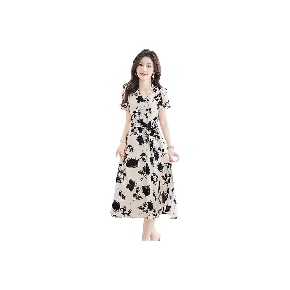 Cypress House Short Sleeved Dress Women's Beige With Black Floral