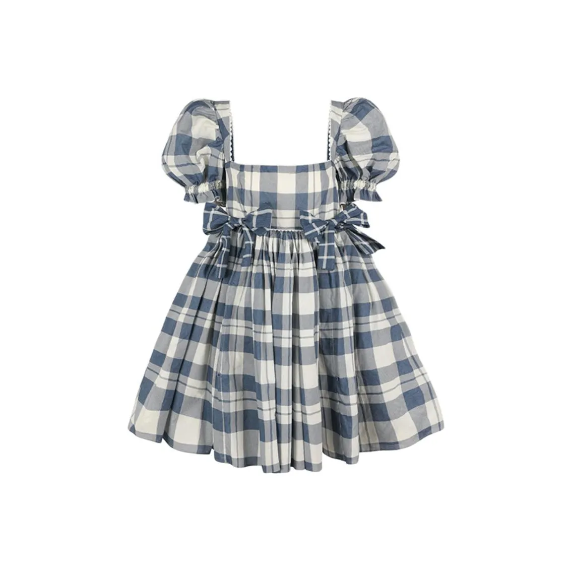 Selkie Collection FW24 Short-Sleeved Dresses Women's Navy Blue Bottom White Plaid Tea Towel Print