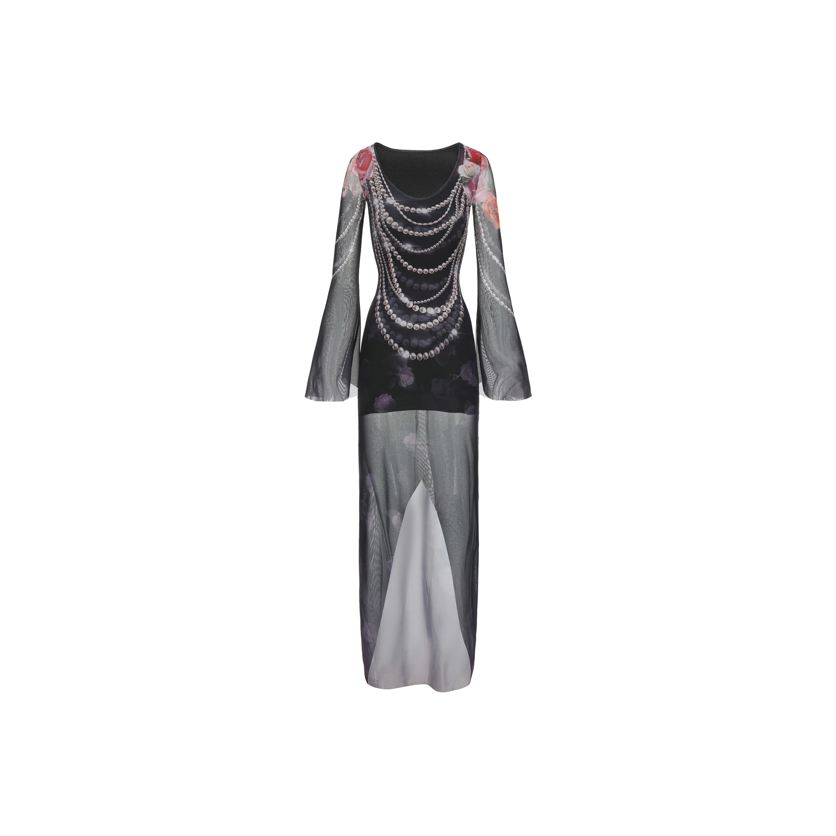 XENASERA Pearl Jewelry Print Women's Long Sleeved Stretch Dress