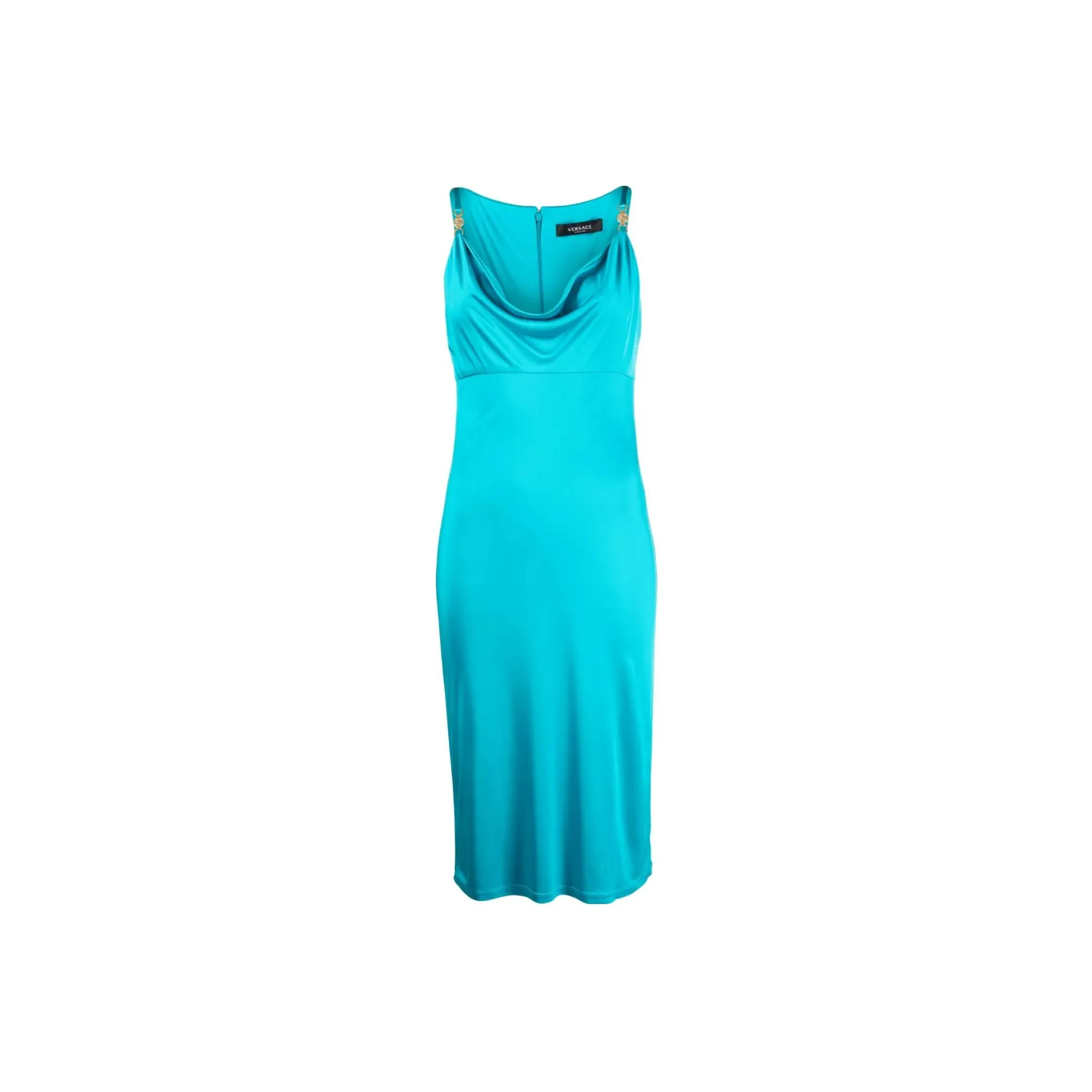 VERSACE Logo Plaque Cowl Neck Midi Dress