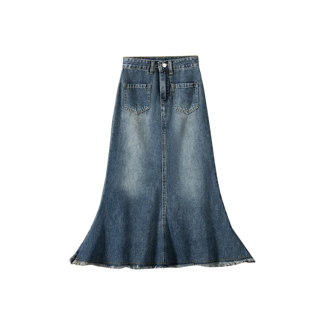 Rose Denim Long Skirt Women's Nostalgic Blue
