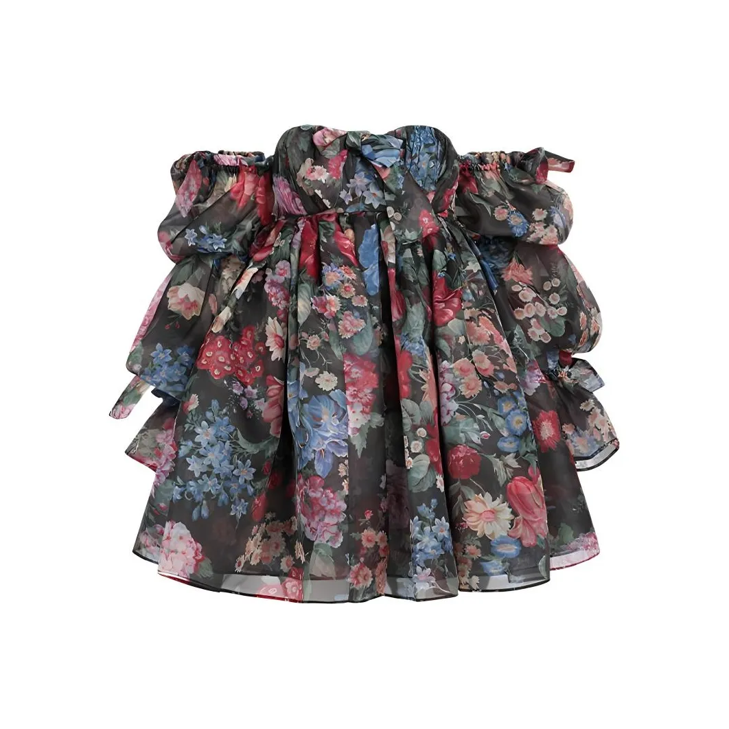 Selkie Collection SS24 Long-Sleeved Dresses Women's Black Background Vibrant Garden Print