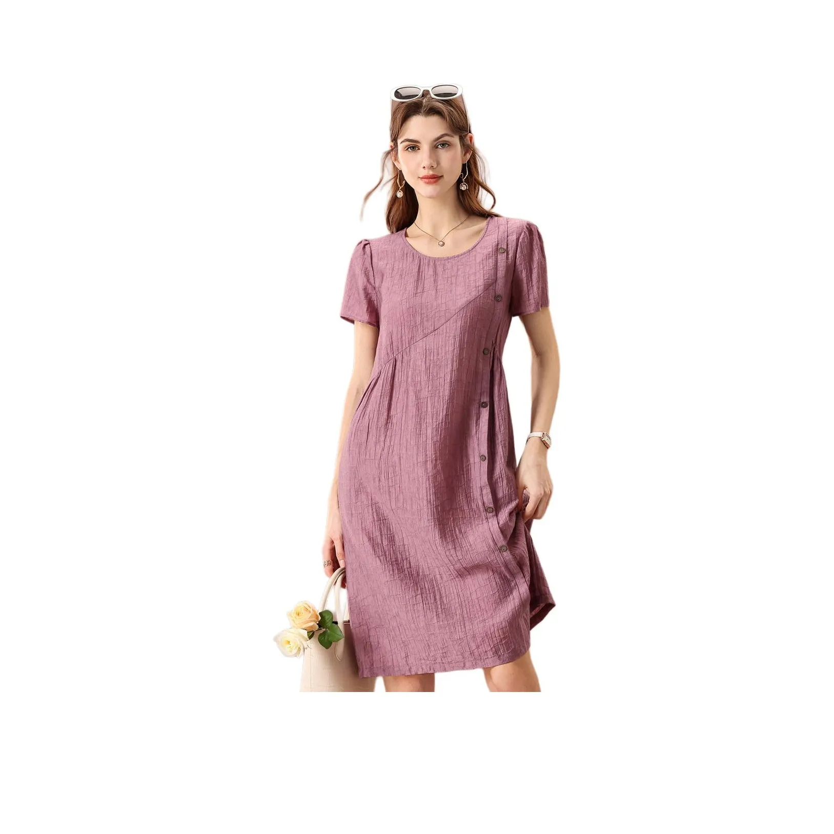 FENHONGMALI Short Sleeved Dress Women's Purple