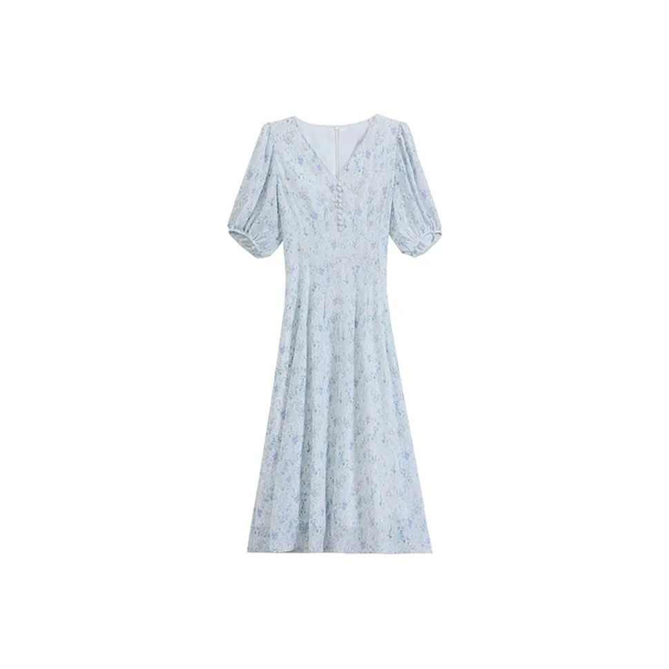 EIDOLON GRAIN Короткий рукав платье женский белый фиолетовый цветочный